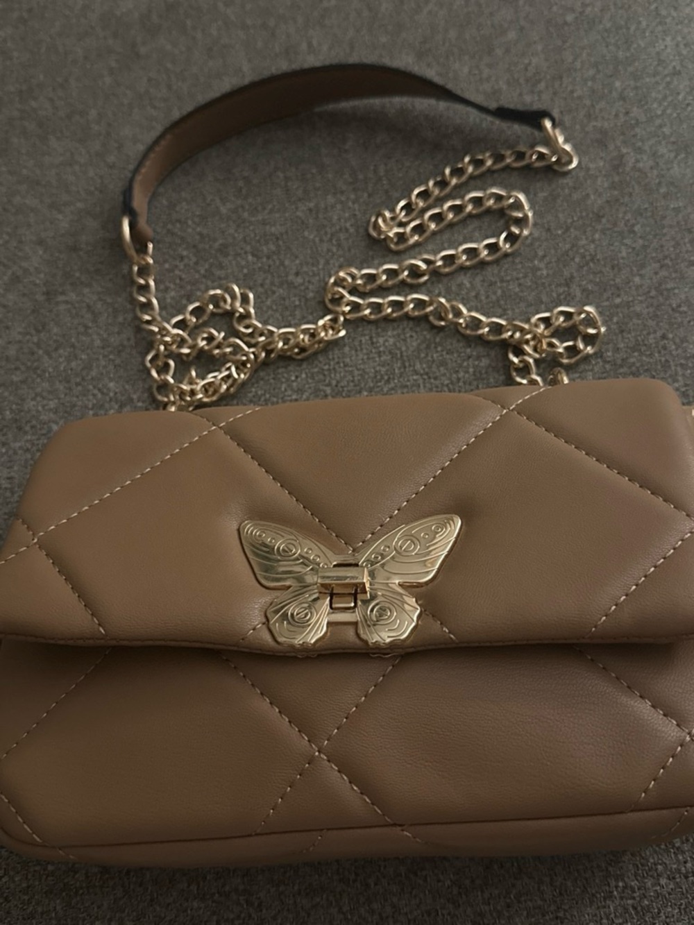 Quilted Butterfly-Embellished Taupe Crossbody Bag